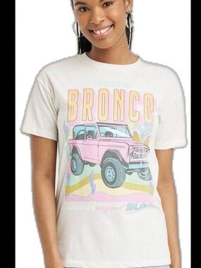 Ford White Tee with Pink Bronco Graphic and Light Blue Accents